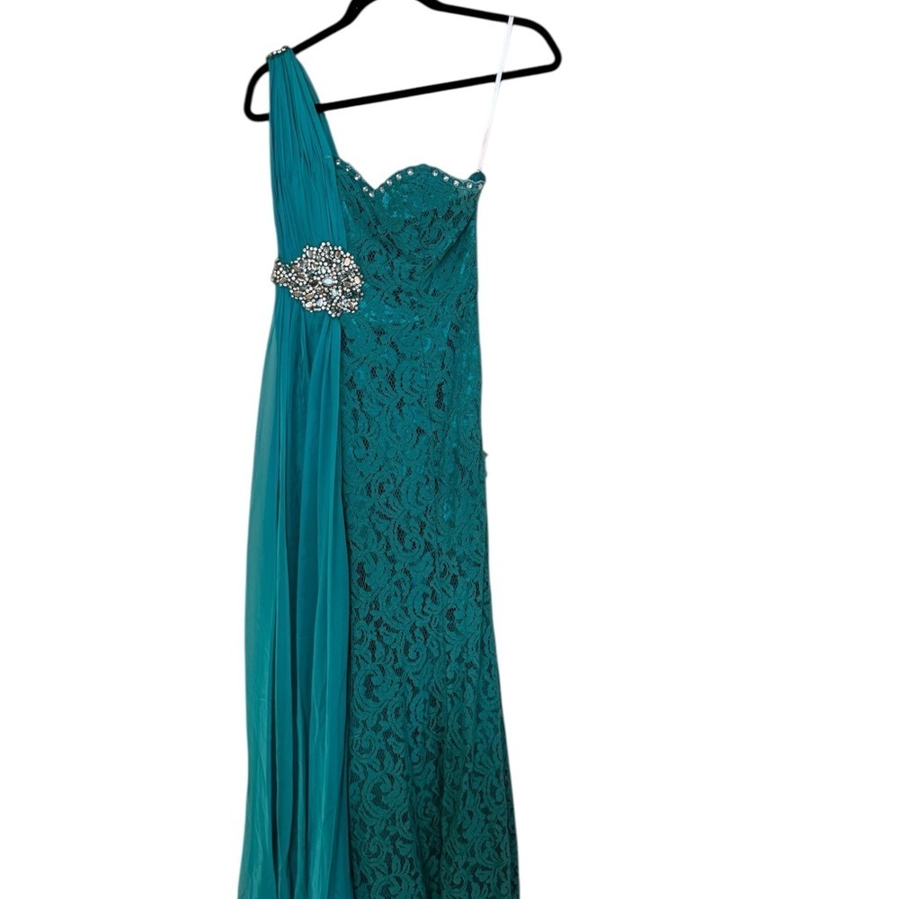 Elegant Teal Lace Evening Gown - Picture 2 of 13
